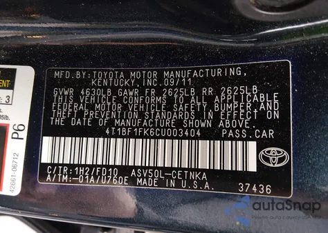 2012 Toyota Camry Le из США, поврежденный, VIN 4T1BF1FK6CU003404